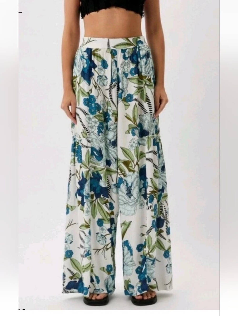 Maaji Palazzo Wide Leg Linen Pants  White Blue Floral Beach Hippie Festival M